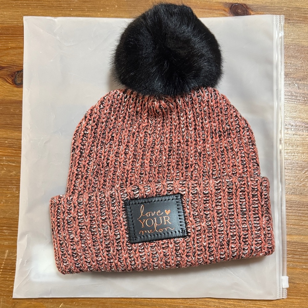 Love your Melon Pink and Black Knit Beanie with Pom Pom